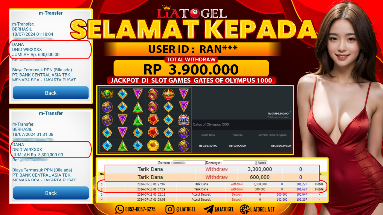 LIATOGEL - JACKPOT SLOT GATES OF OLYMPUS 1000 GAMES RP 3.900.000,- LUNAS