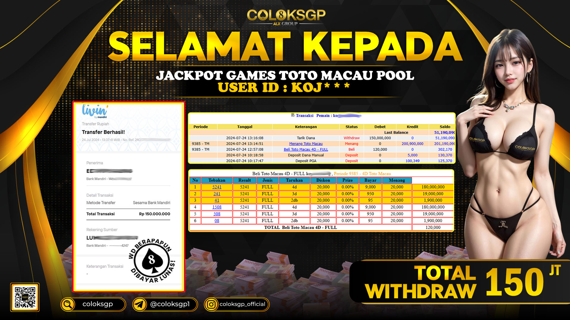 COLOKSGP JACKPOT TOTO MACAU POOLS RP 150.000.000 LUNAS
