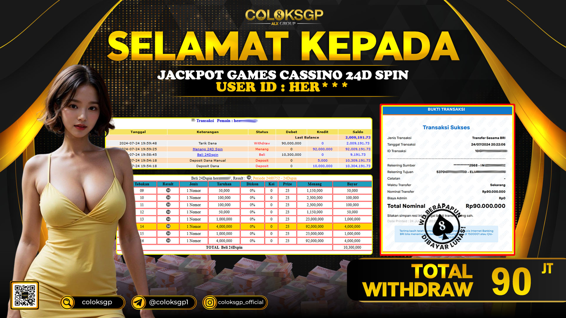 COLOKSGP JACKPOT 24D SPIN RP 90.000.000 LUNAS