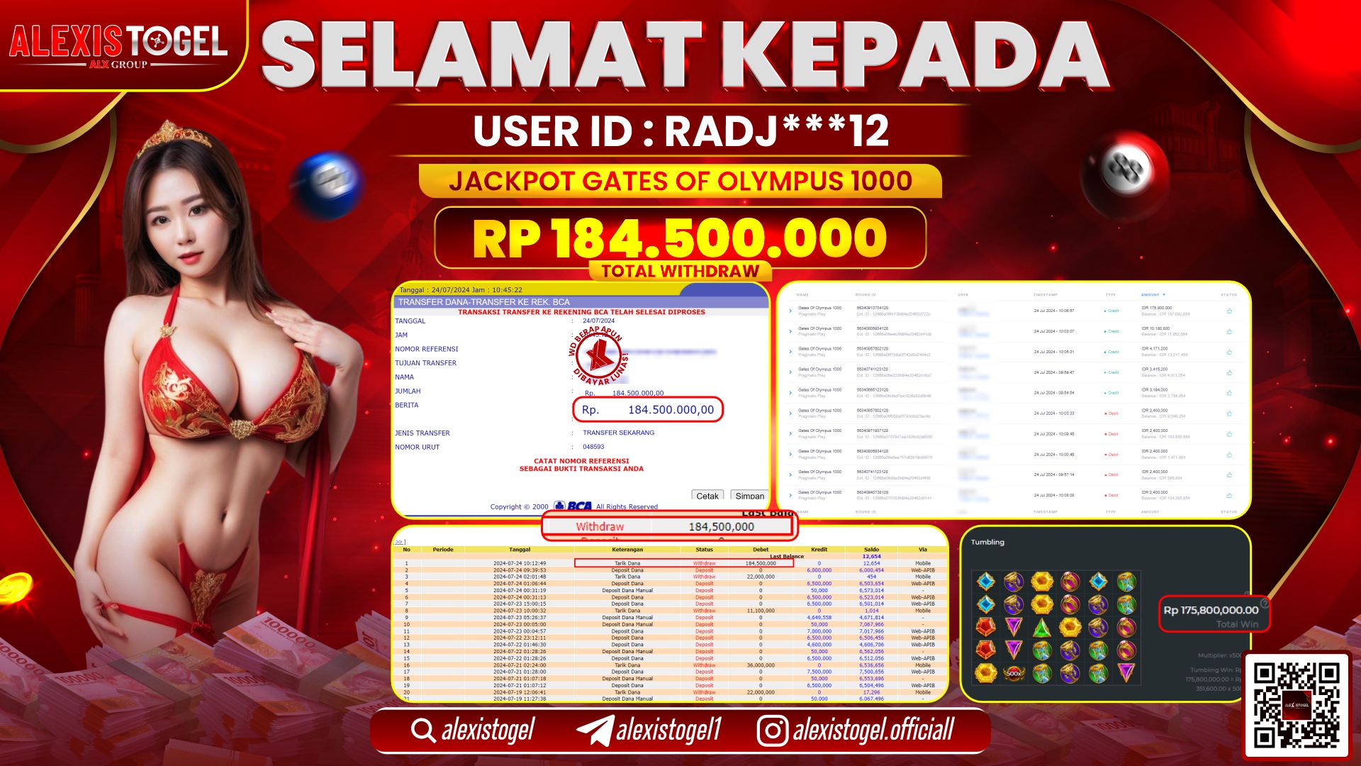 ALEXISTOGEL JACKPOT SLOT GAMES RP. 184.500.000 LUNAS