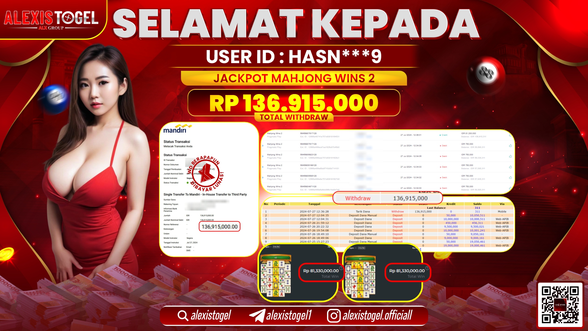 ALEXISTOGEL JACKPOT SLOT GAMES RP. 136.915.000 LUNAS