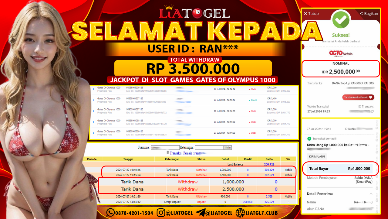 LIATOGEL - JACKPOT SLOT GATES OF OLYMPUS 1000 GAMES RP  3.500.000,- LUNAS