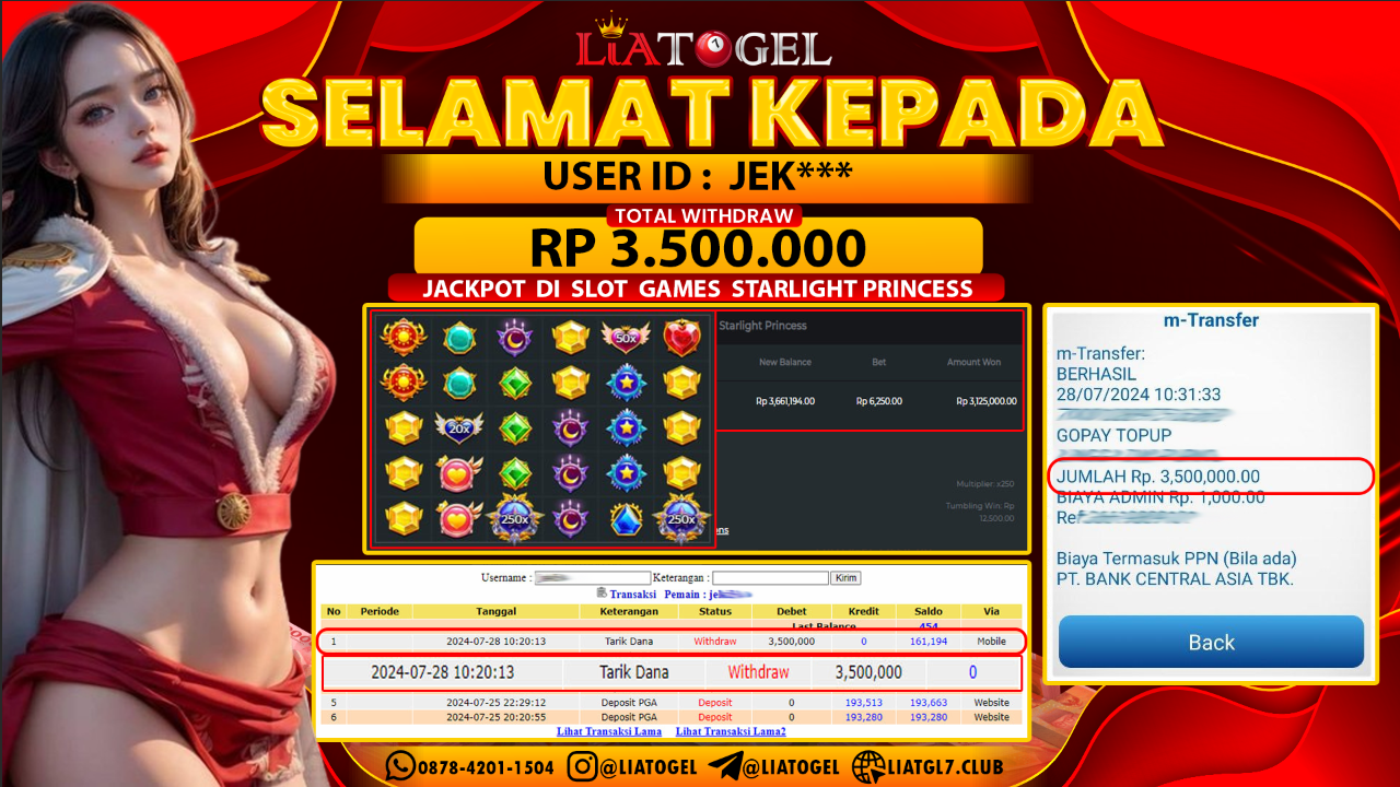 LIATOGEL - JACKPOT SLOT GAMES STARLIGHT PRINCESS RP  3.500.000,- LUNAS