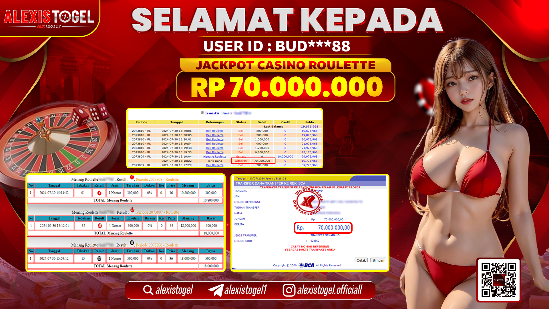 ALEXISTOGEL JACKPOT CASINO RP. 70.000.000 LUNAS