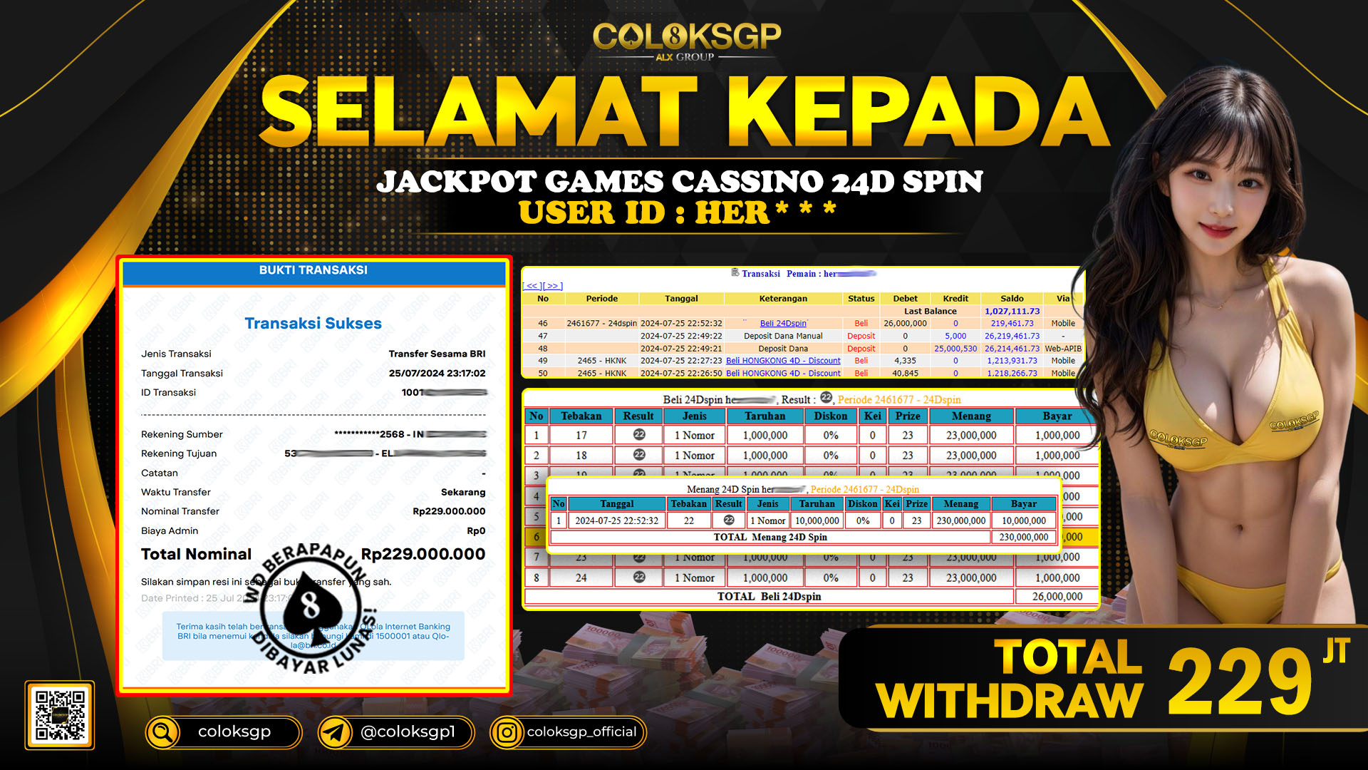 COLOKSGP JACKPOT 24D SPIN RP 229.000.000 LUNAS