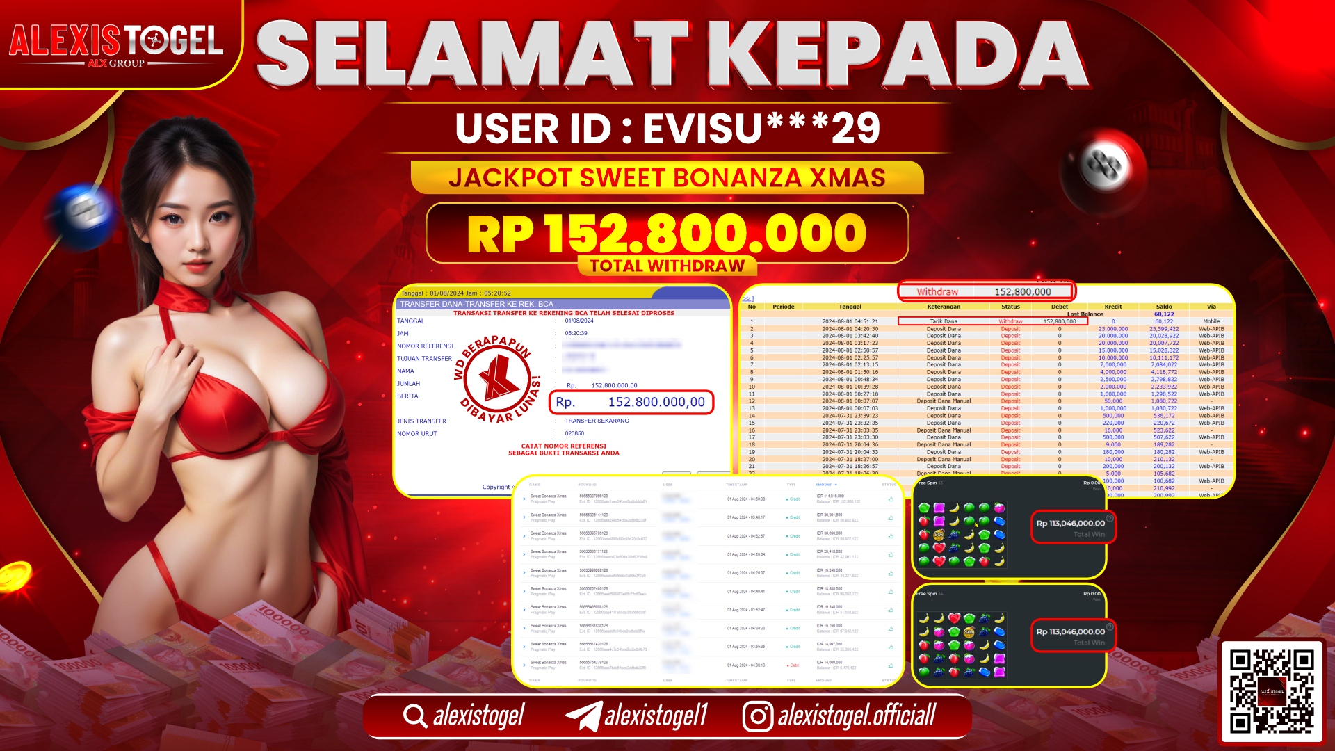 ALEXISTOGEL JACKPOT SLOT GAMES RP. 152.800.000 LUNAS
