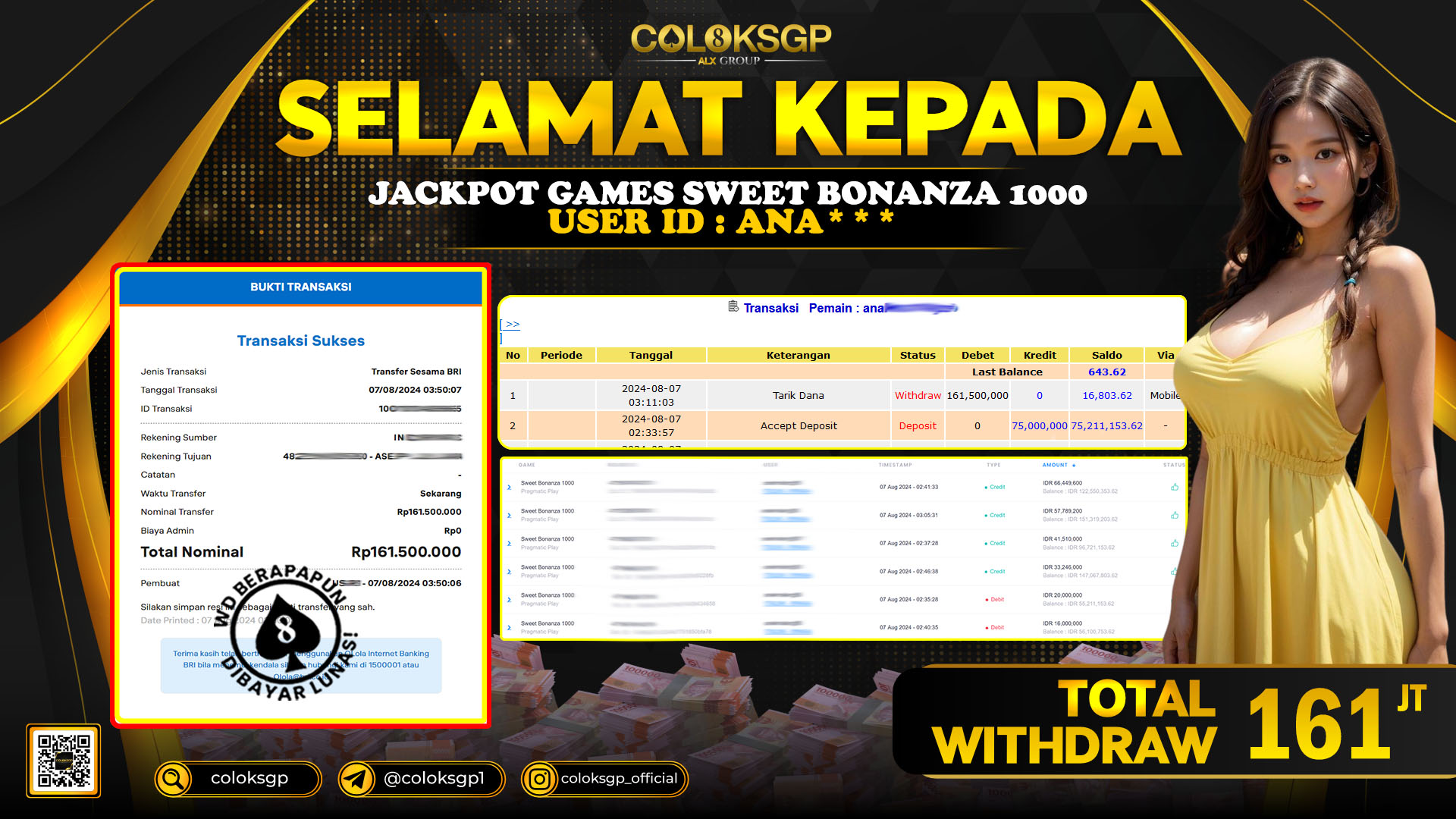 COLOKSGP JACKPOT SLOT GAMES RP 161.000.000 LUNAS