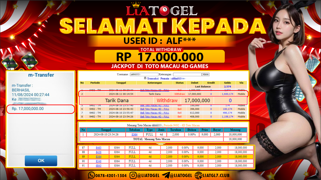 LIATOGEL - JACKPOT TOTO MACAU 4D GAMES   RP  17.000.000,- LUNAS
