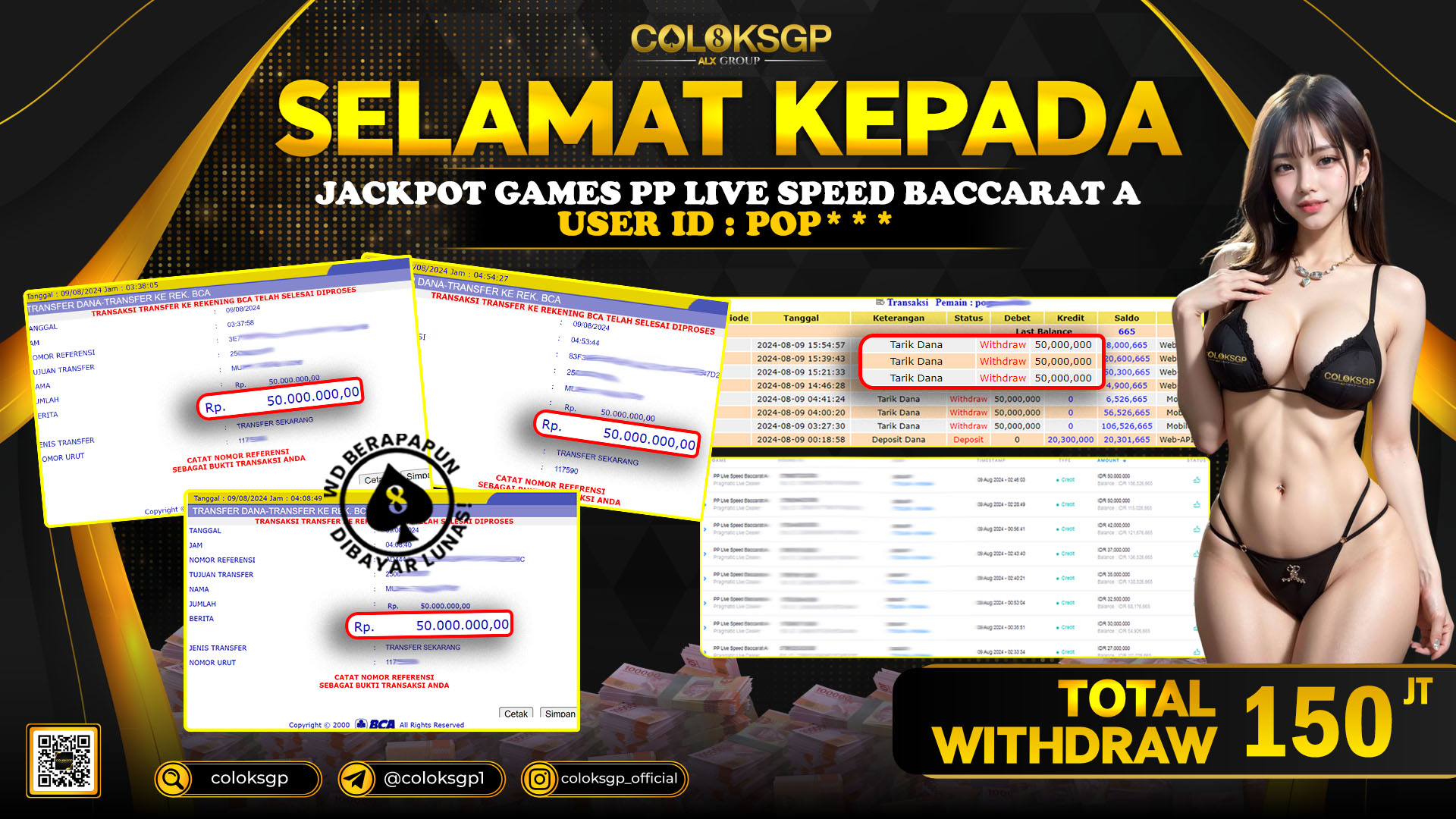 COLOKSGP JACKPOT BACCARAT RP 150.000.000 LUNAS