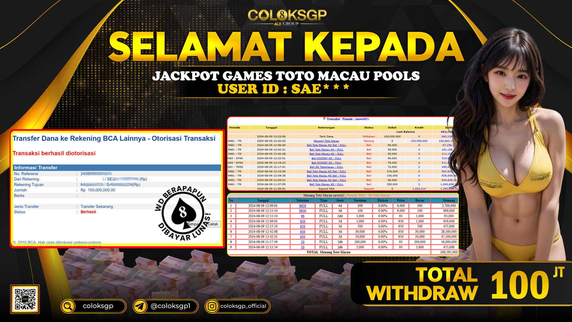 COLOKSGP JACKPOT TOTO MACAU POOLS RP 100.000.000 LUNAS