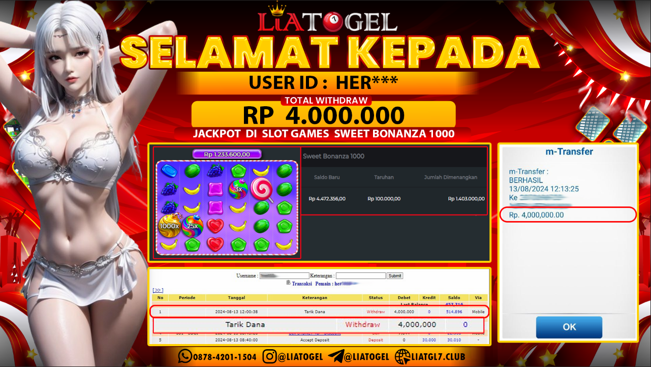 LIATOGEL - JACKPOT SLOT SWEET BONANZA 1000 GAMES   RP  4.000.000,- LUNAS