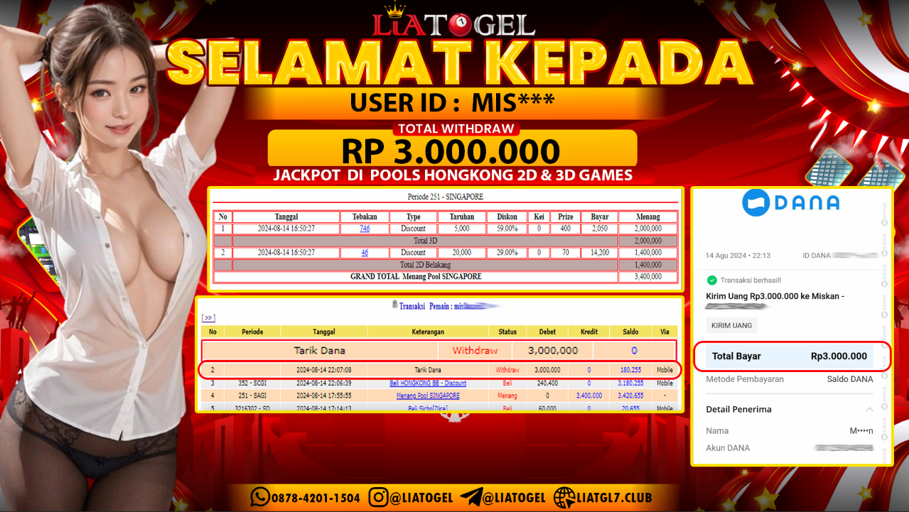 LIATOGEL - JACKPOT POOLS HONGKONG 2D & 3D GAMES   RP  3.000.000,- LUNAS
