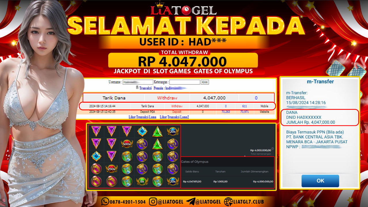 LIATOGEL - JACKPOT SLOT GAMES GATES OF OLYMPUS   RP  4.047.000,- LUNAS