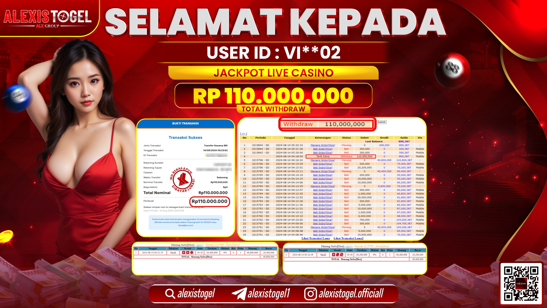 ALEXISTOGEL JACKPOT LIVE CASINO RP.110.000.000 LUNAS