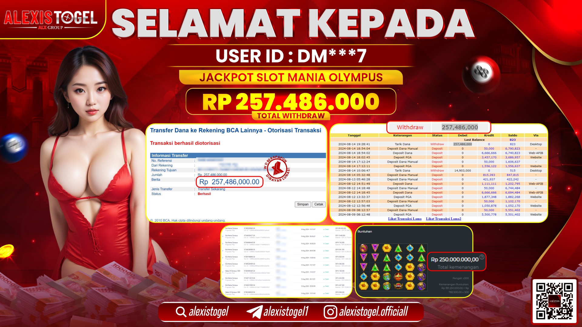 ALEXISTOGEL JACKPOT SLOT MANIA OLYMPUS RP.257.486.000 LUNAS