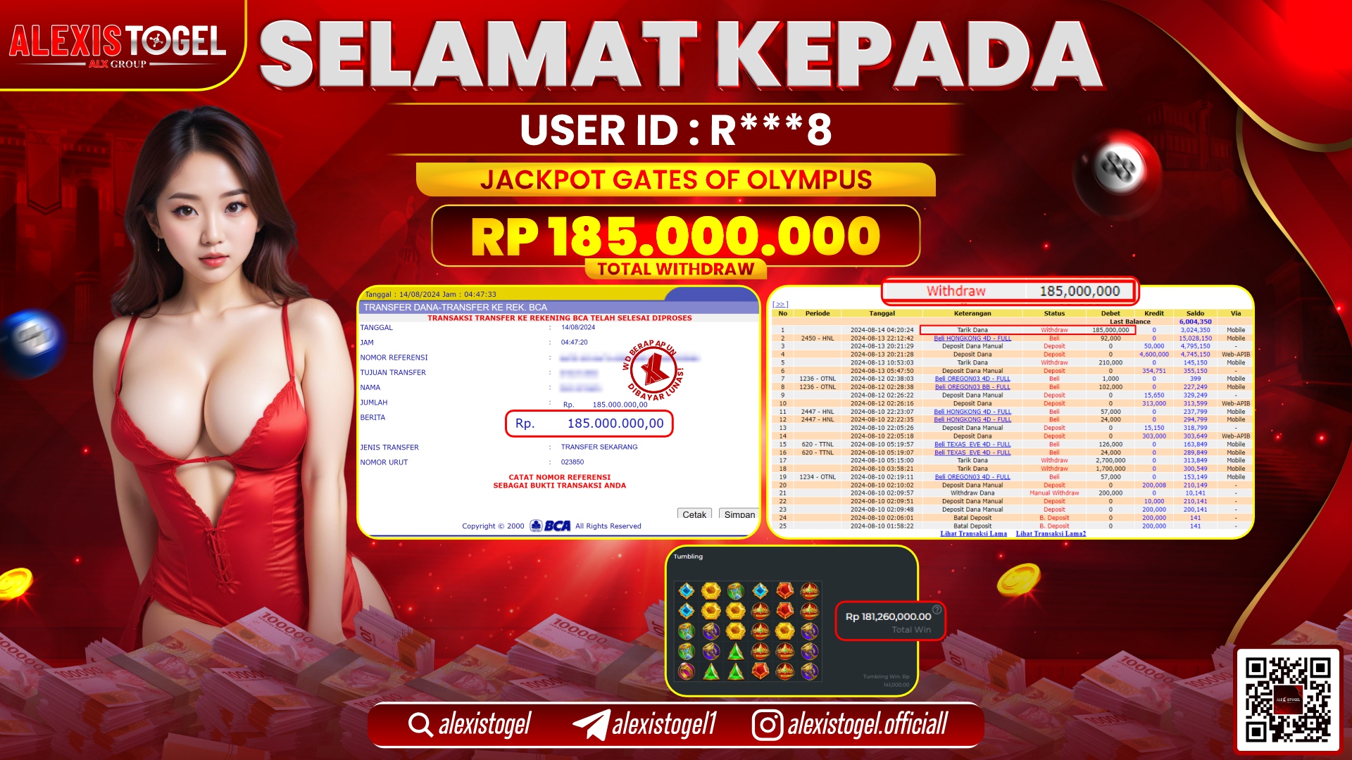 ALEXISTOGEL JACKPOT SLOT GATES OF OLYMPUS RP.185.000.000 LUNAS