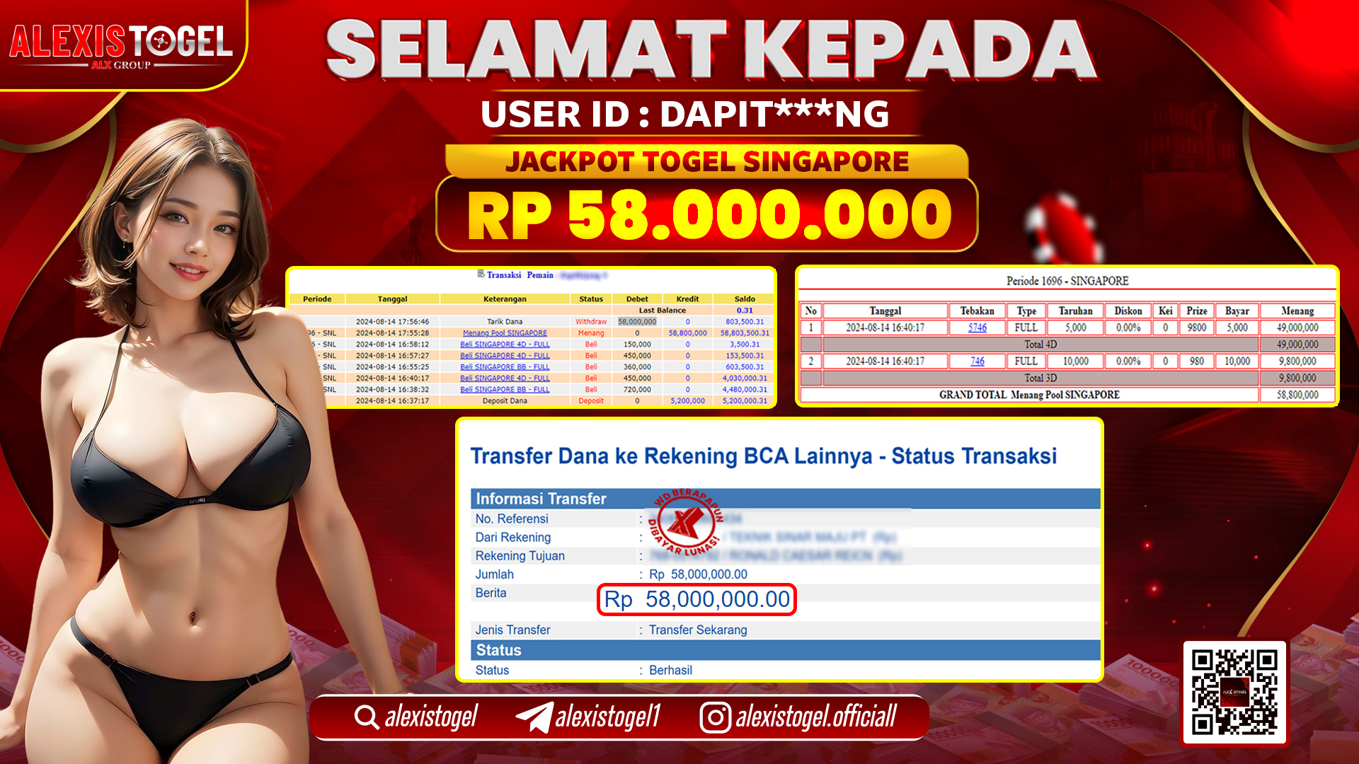 ALEXISTOGEL JACKPOT SINGAPORE POOLS RP.58.000.000 LUNAS