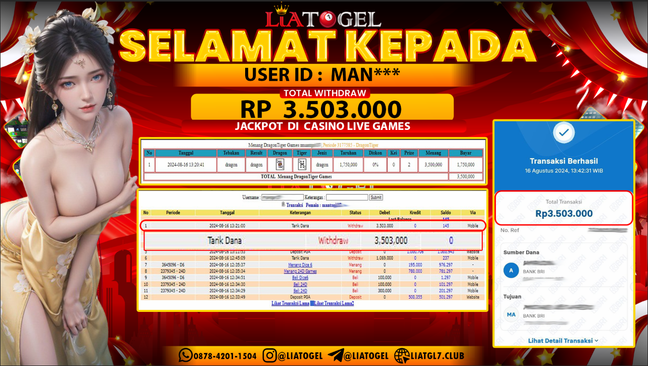 LIATOGEL - JACKPOT CASINO LIVE GAMES   RP  3.503.000,- LUNAS