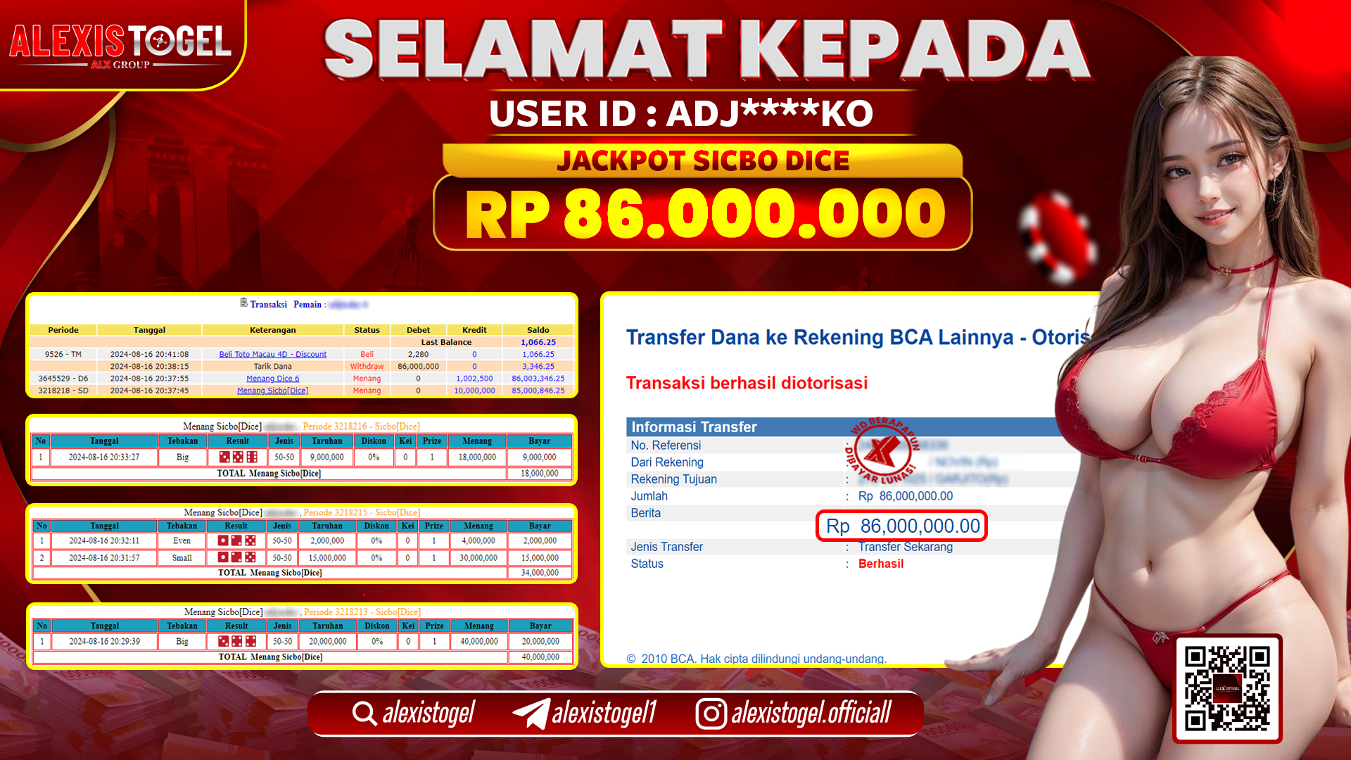 ALEXISTOGEL JACKPOT SICBO DICE RP.86.000.000 LUNAS