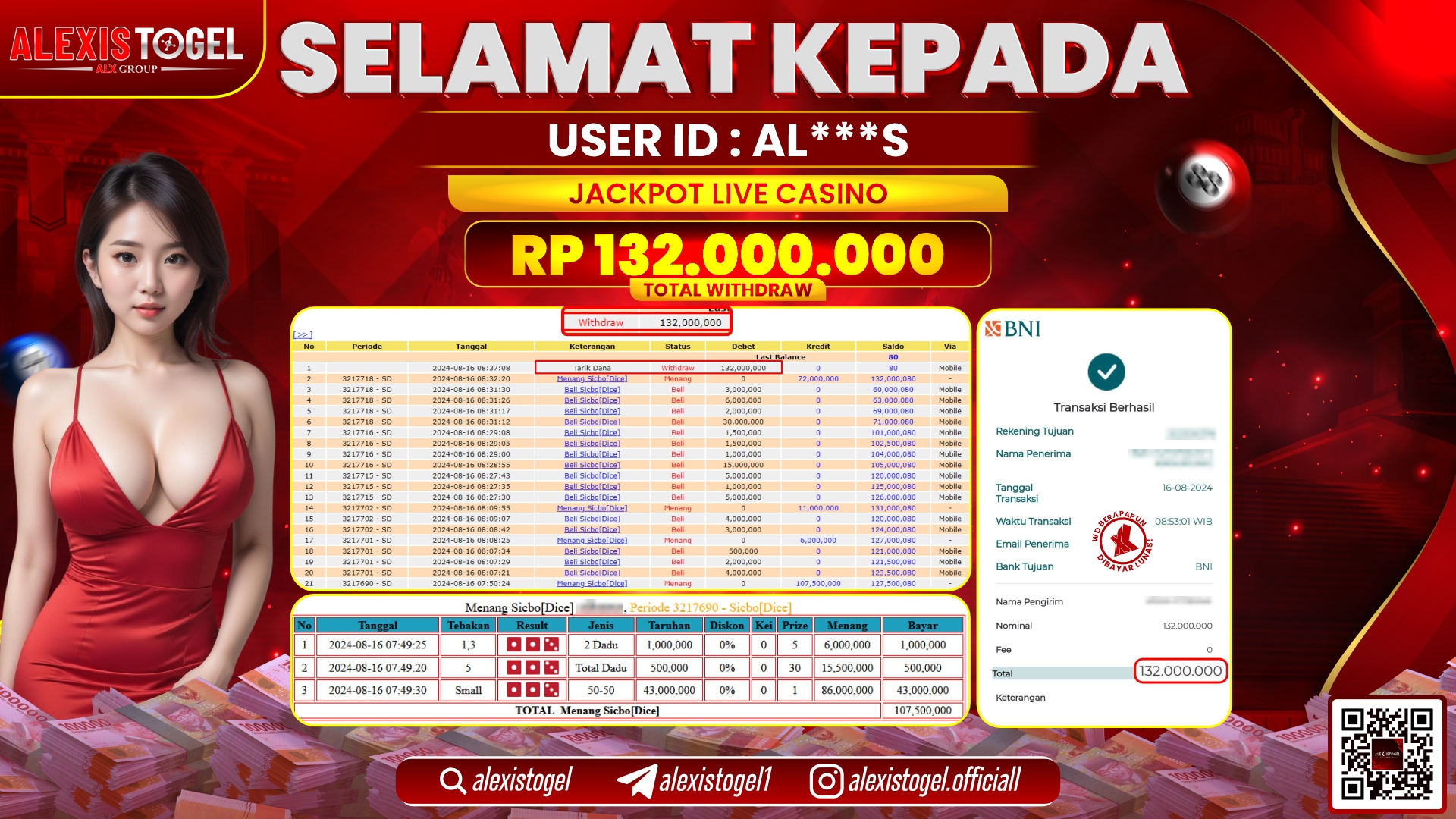 ALEXISTOGEL JACKPOT LIVE CASINO RP.132.000.000 LUNAS
