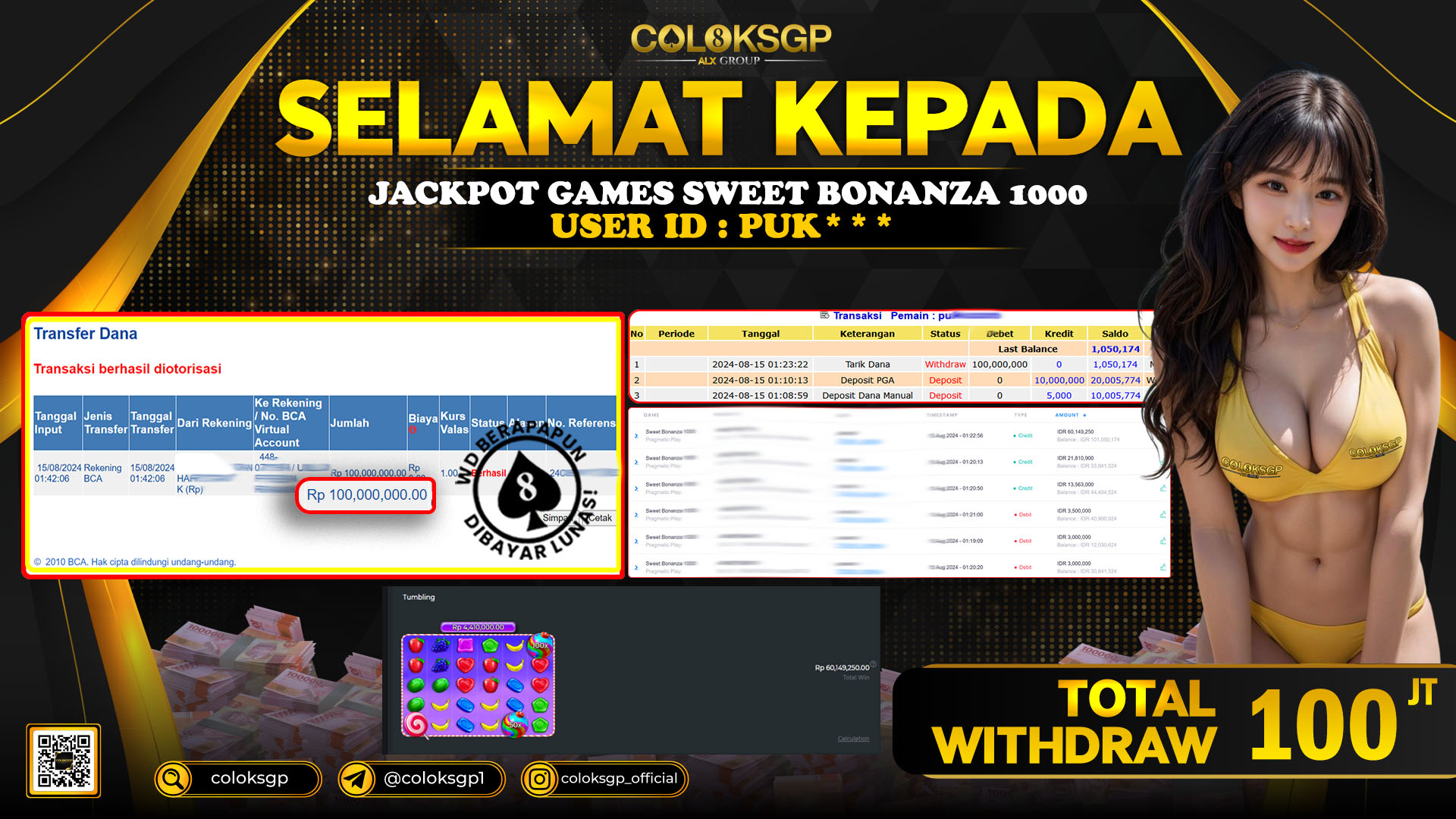 COLOKSGP JACKPOT SLOT GAMES RP 100.000.000 LUNAS