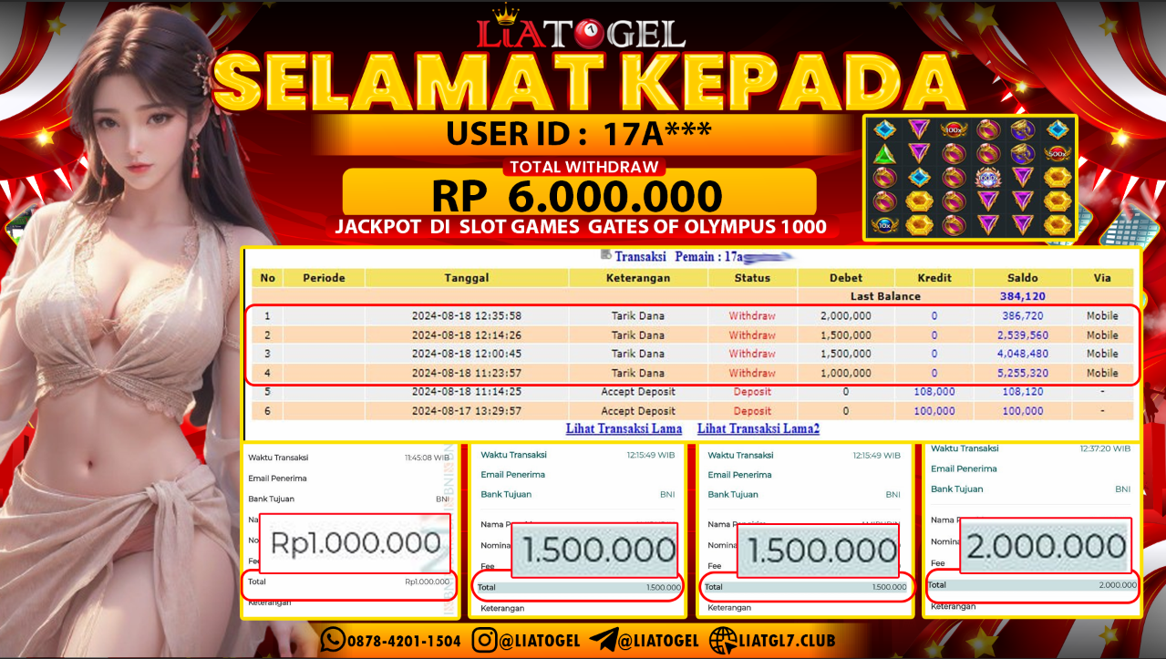 LIATOGEL - JACKPOT SLOT GATES OF OLYMPUS 1000 GAMES   RP  6.000.000,- LUNAS