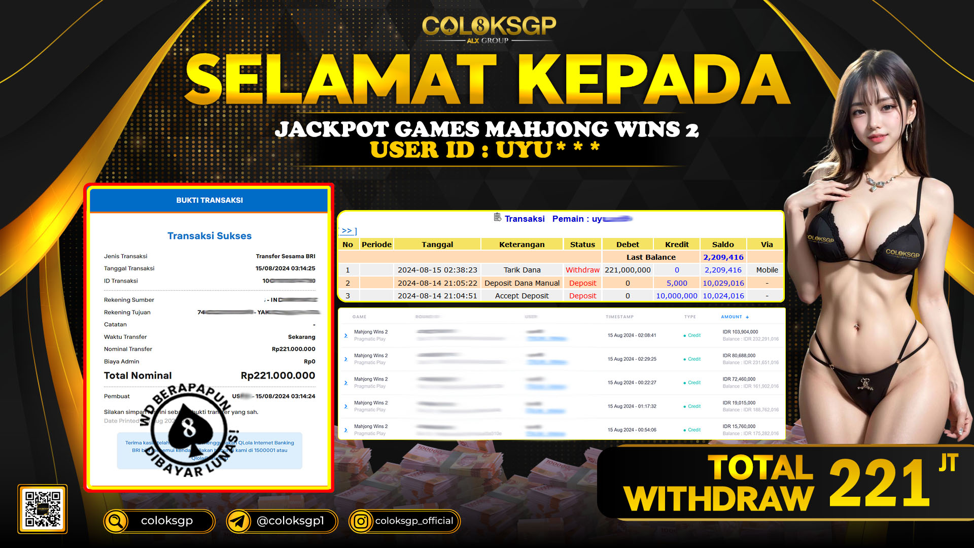 COLOKSGP JACKPOT SLOT GAMES RP 221.000.000 LUNAS