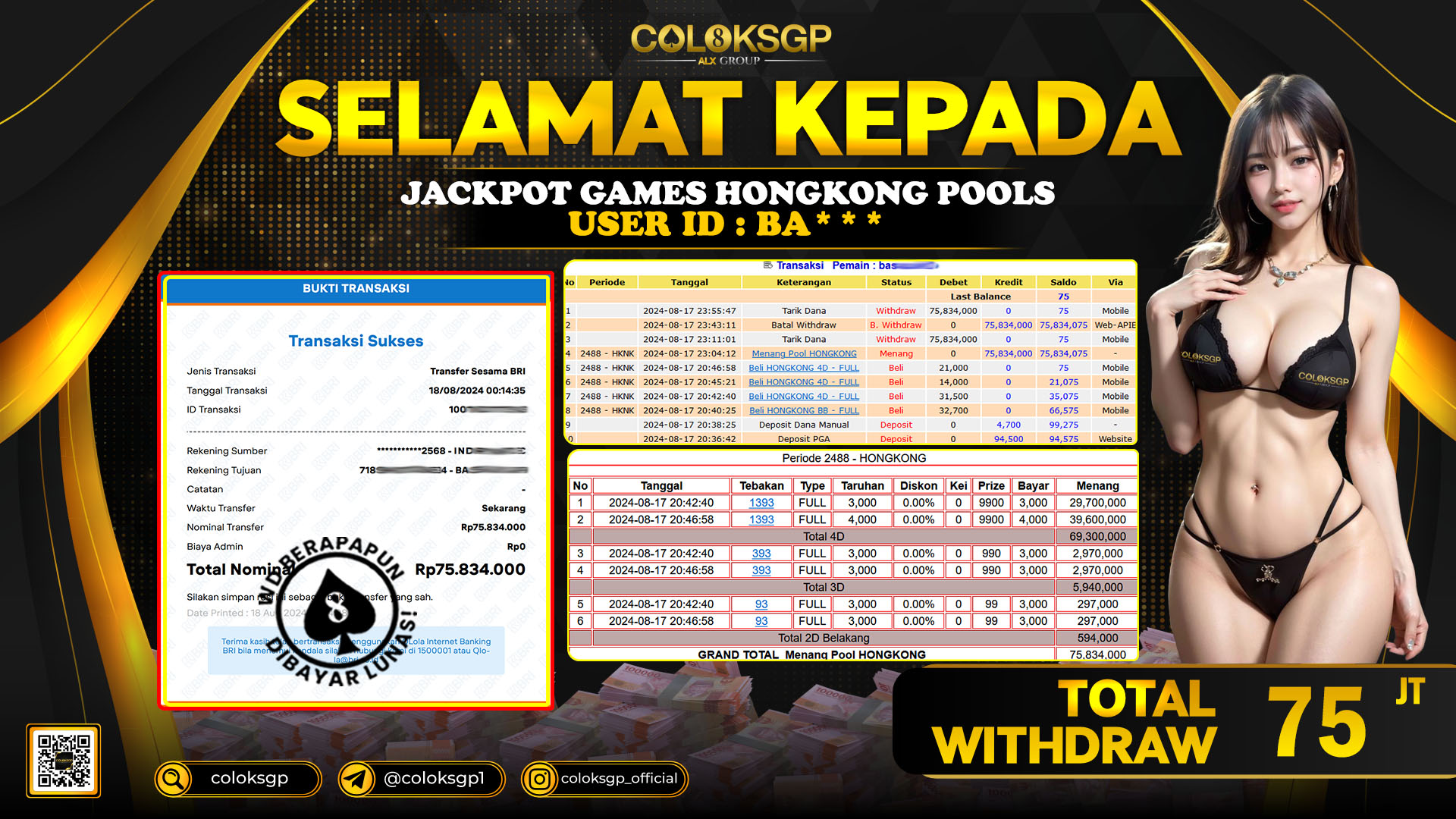 COLOKSGP JACKPOT HONGKONG POOLS RP 75.000.000 LUNAS