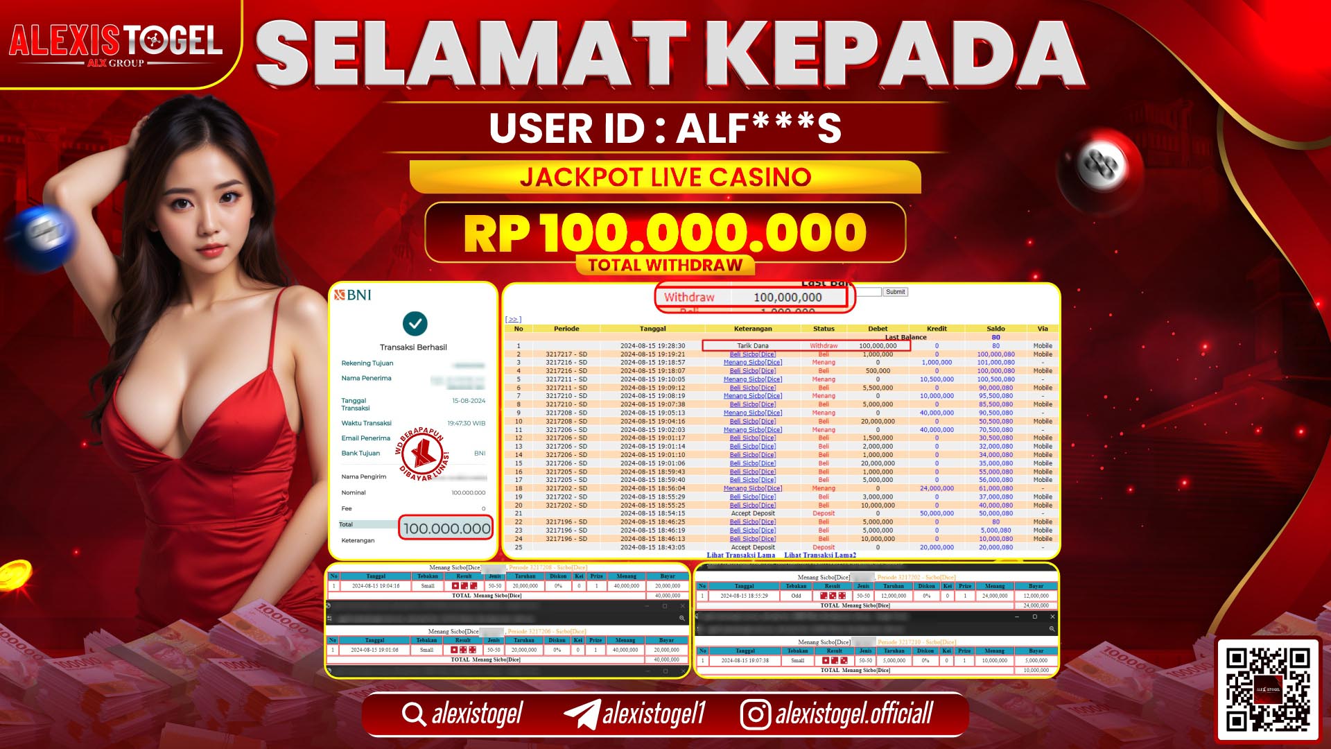 ALEXISTOGEL JACKPOT LIVE CASINO RP.100.000.000 LUNAS