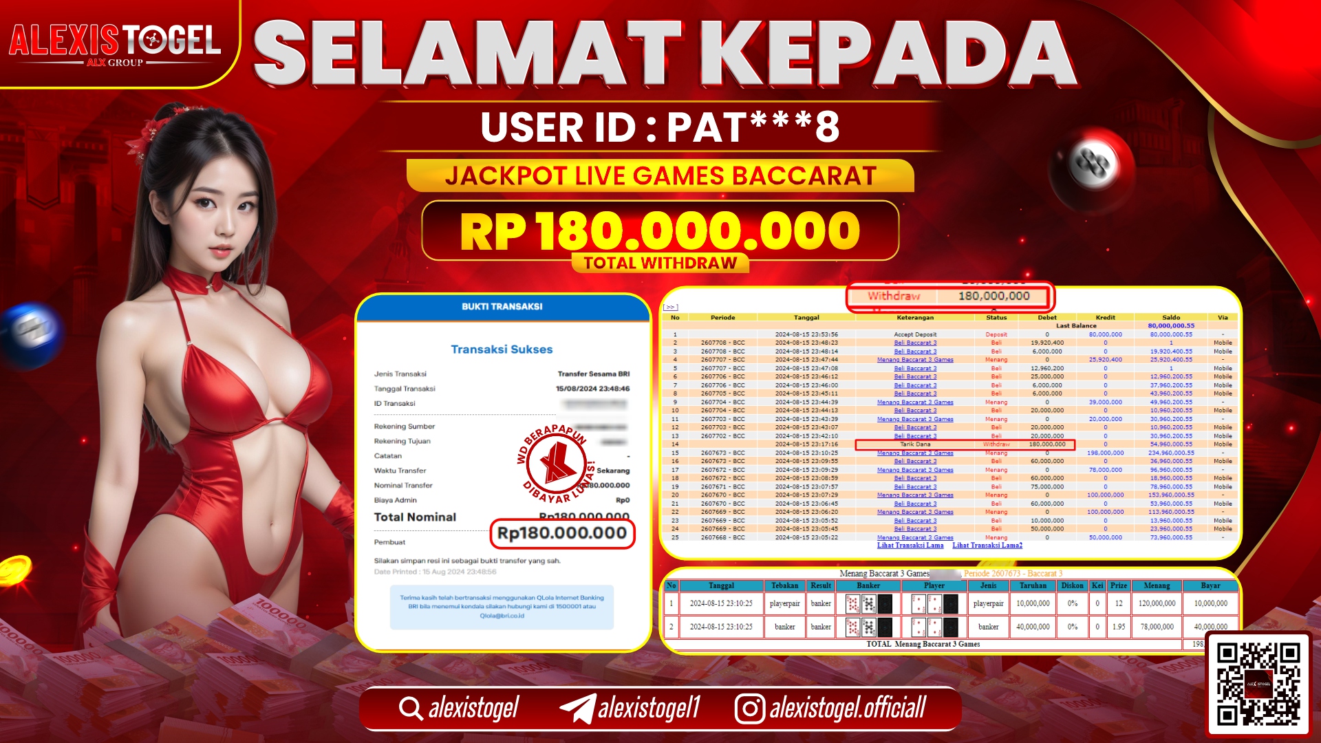ALEXISTOGEL JACKPOT LIVE GAMES BACCARAT RP.180.000.000 LUNAS