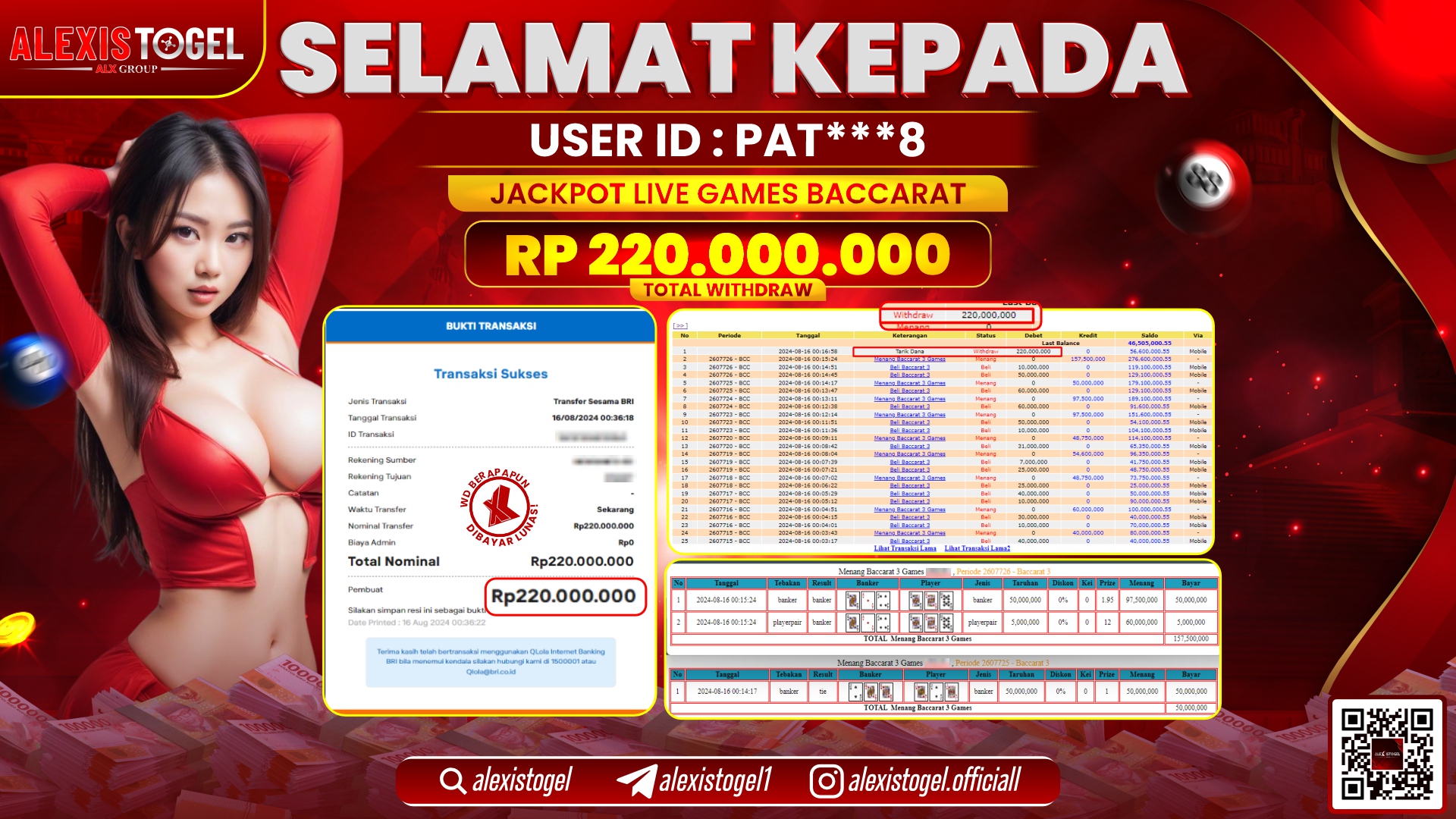 ALEXISTOGEL JACKPOT LIVE GAMES BACCARAT RP.220.000.000 LUNAS