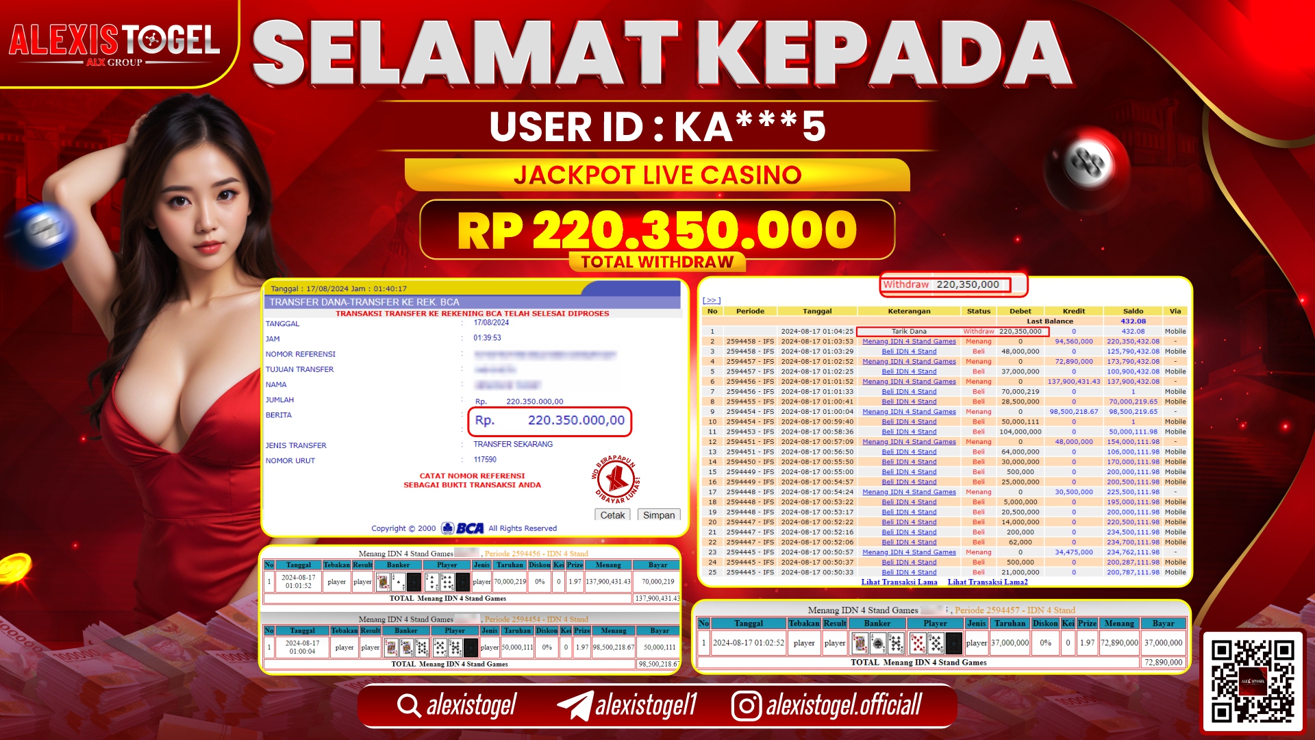 ALEXISTOGEL JACKPOT LIVE CASINO RP.220.350.000 LUNAS