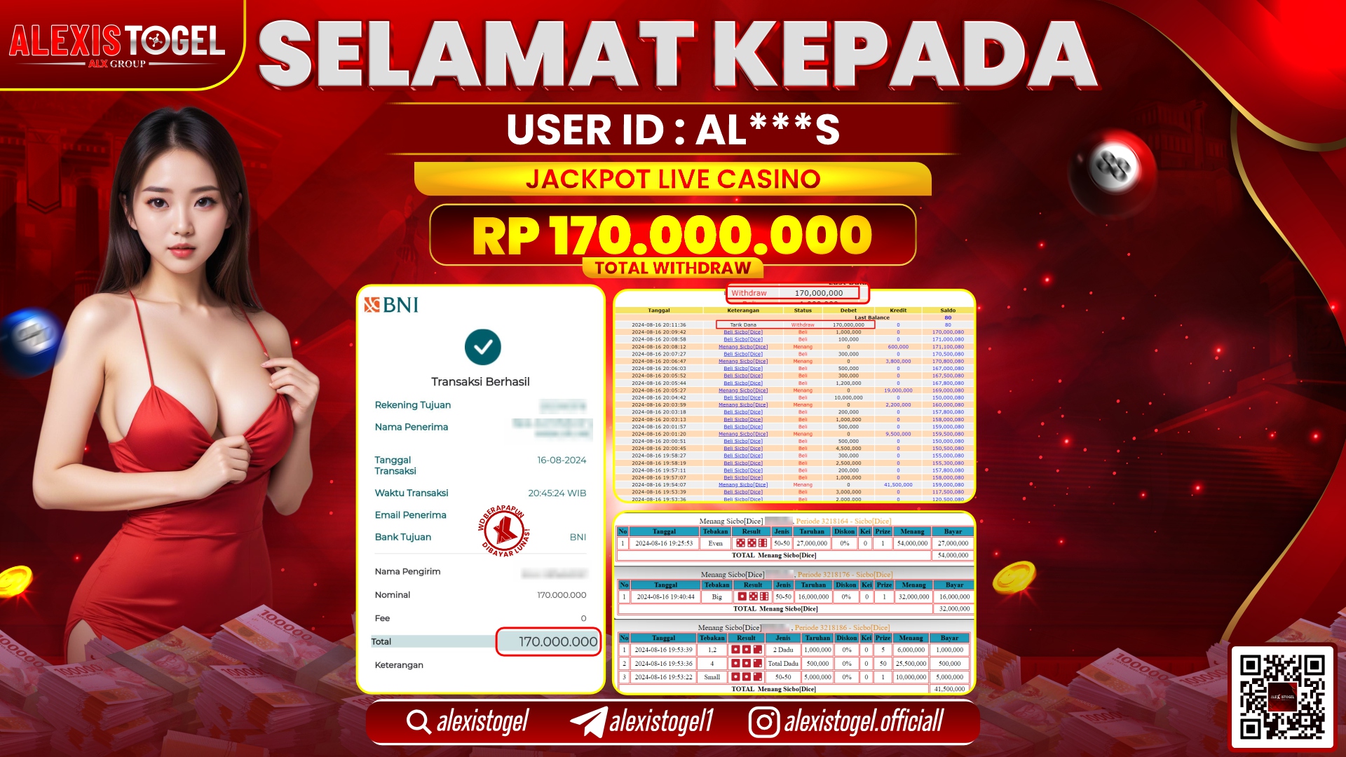 ALEXISTOGEL JACKPOT LIVE CASINO RP.170.000.000 LUNAS