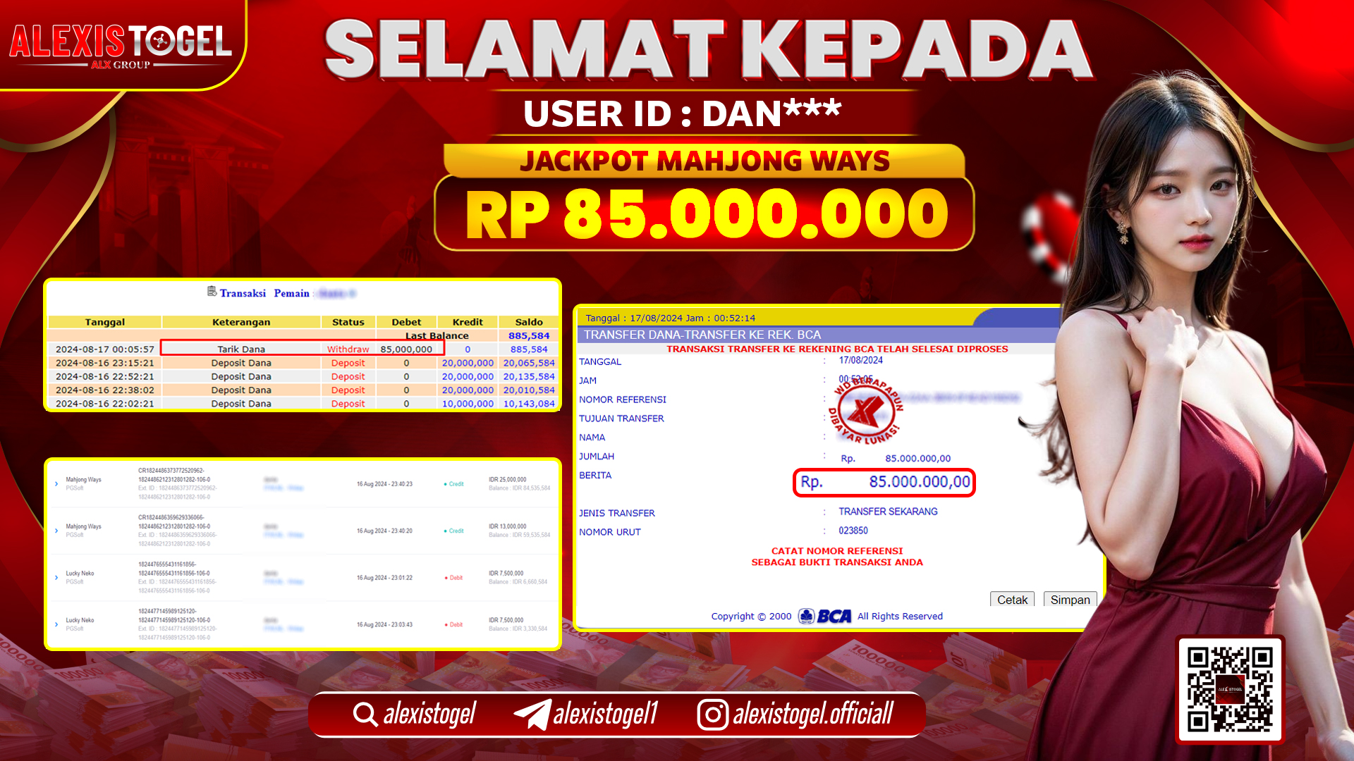 ALEXISTOGEL JACKPOT SLOT GAMES MAHJONG WAYS RP.85.000.000 LUNAS