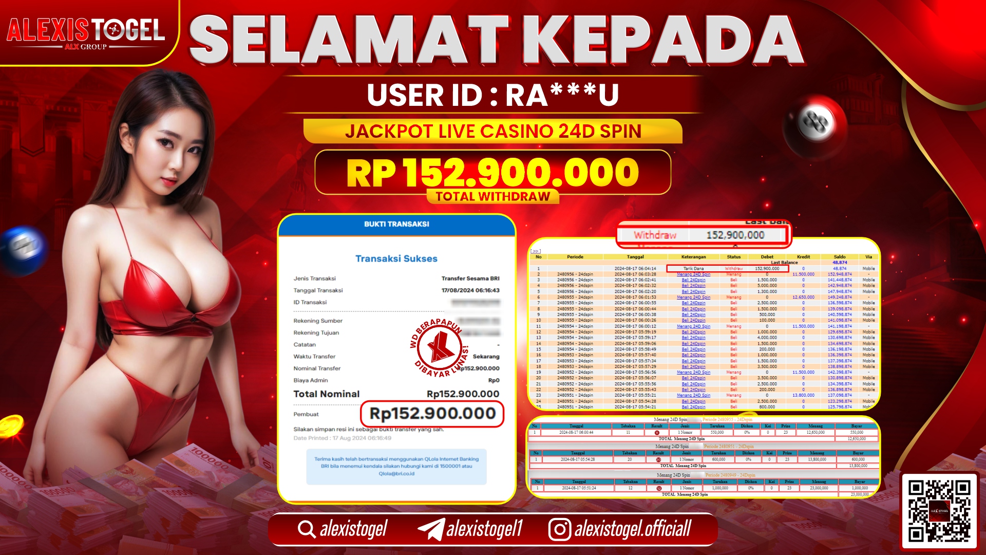 ALEXISTOGEL JACKPOT CASINO 24D SPIN RP.159.900.000 LUNAS