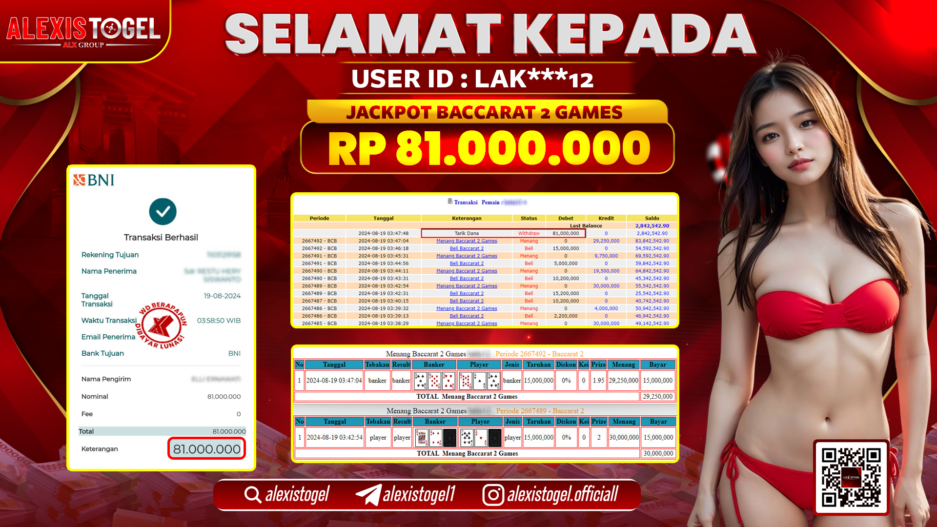 ALEXISTOGEL JACKPOT CASINO BACCARAT RP.81.000.000 LUNAS