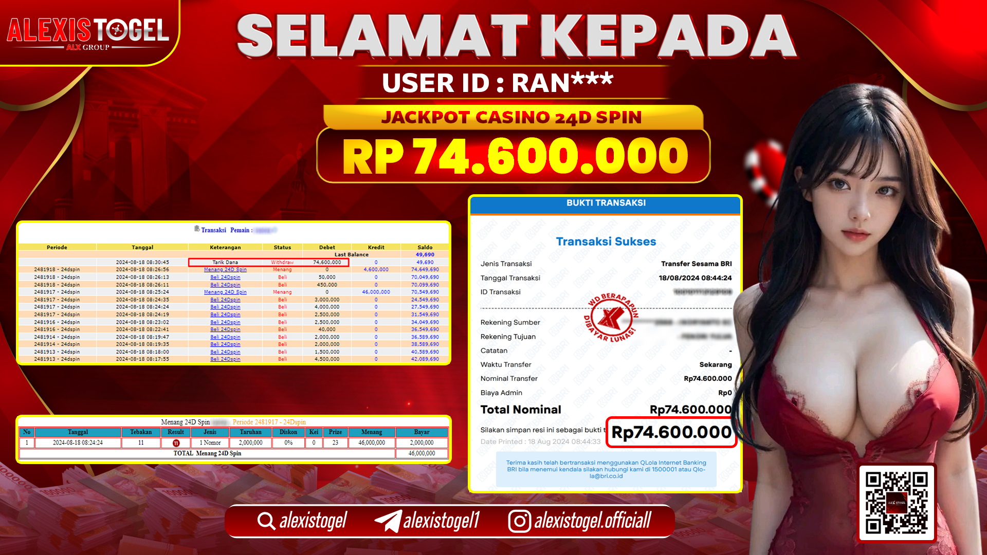ALEXISTOGEL JACKPOT CASINO 24D SPIN RP.74.600.000 LUNAS