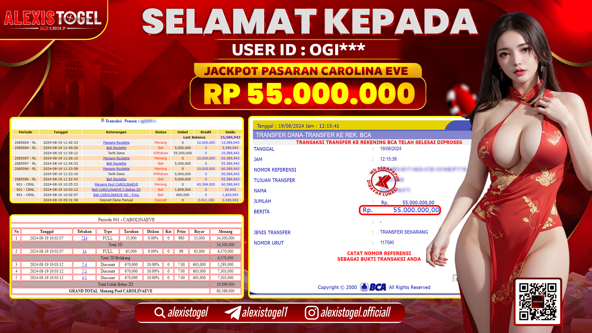 ALEXISTOGEL JACKPOT TOGEL CAROLINA EVE RP.55.000.000 LUNAS