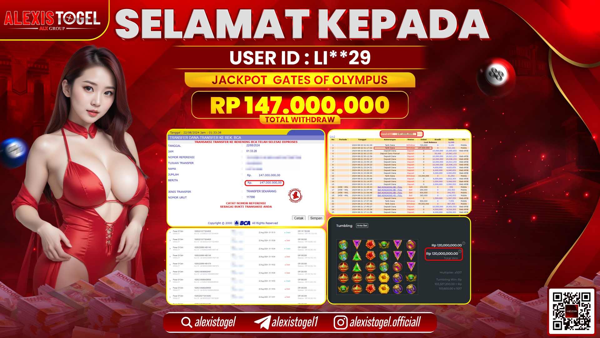 ALEXISTOGEL JACKPOT SLOT GATES OF OLYMPUS RP.147.000.000 LUNAS