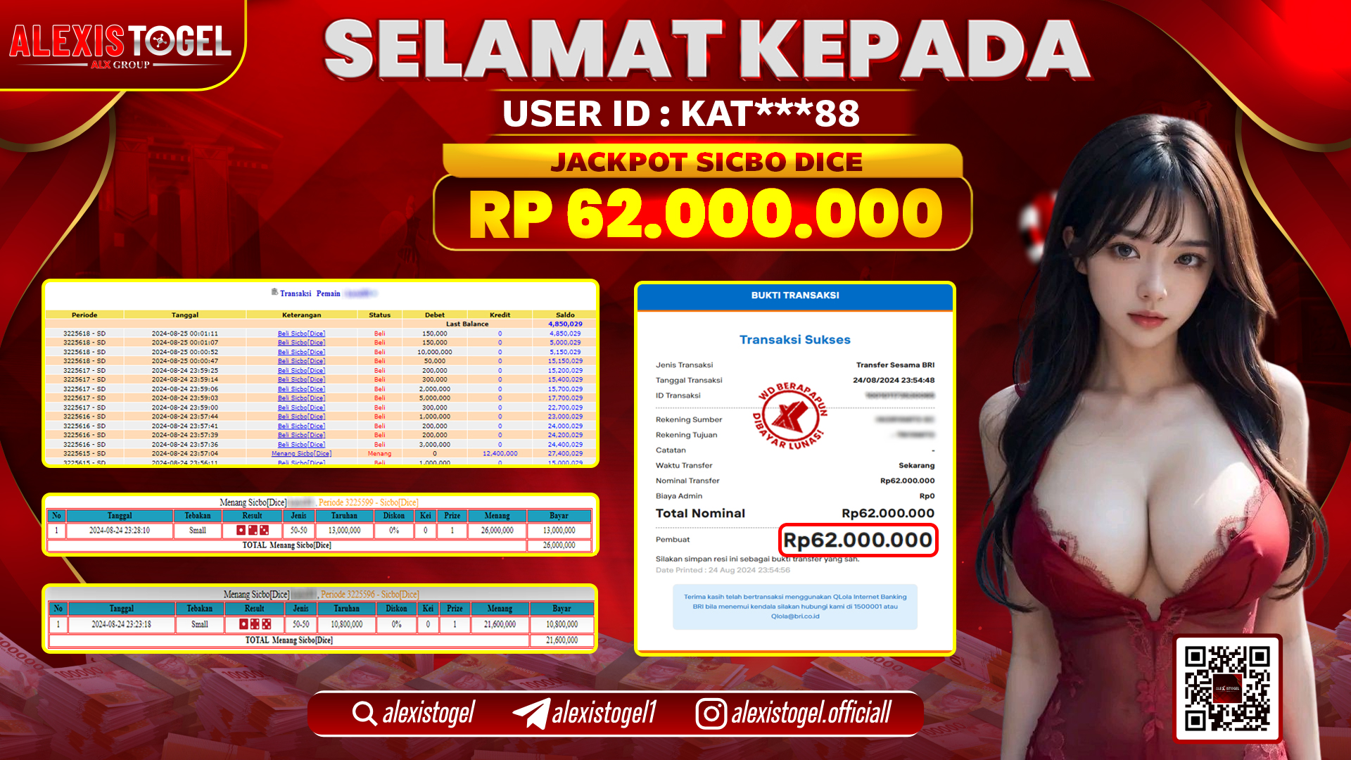 ALEXISTOGEL JACKPOT CASINO SICBO DICE RP.62.000.000 LUNAS