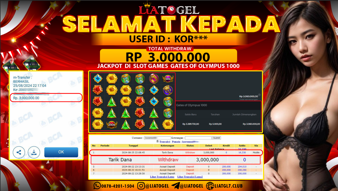 LIATOGEL - JACKPOT SLOT GATES OF OLYMPUS 1000 GAMES  RP  3.000.000,- LUNAS