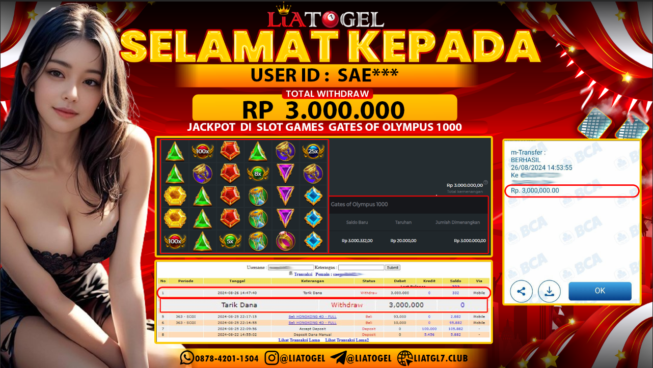 LIATOGEL - JACKPOT SLOT GATES OF OLYMPUS 1000 GAMES  RP  3.000.000,- LUNAS