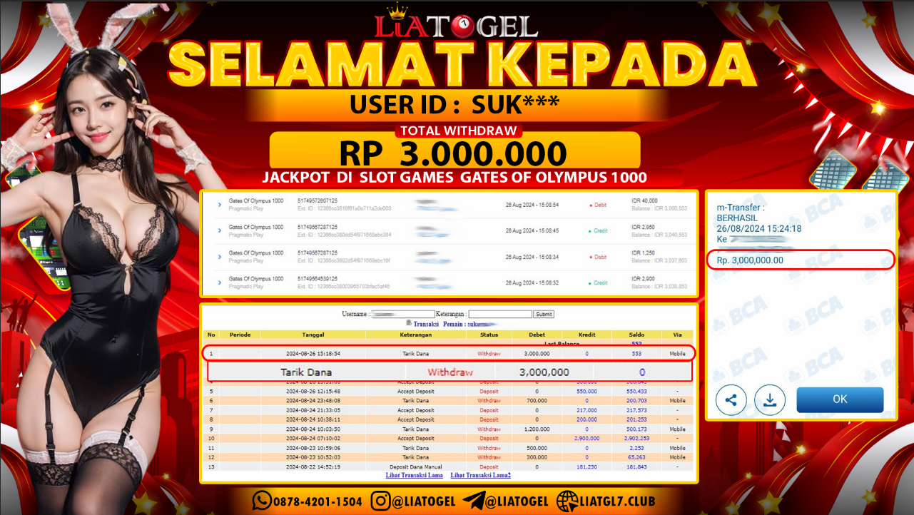 LIATOGEL - JACKPOT SLOT GATES OF OLYMPUS 1000 GAMES  RP  3.000.000,- LUNAS