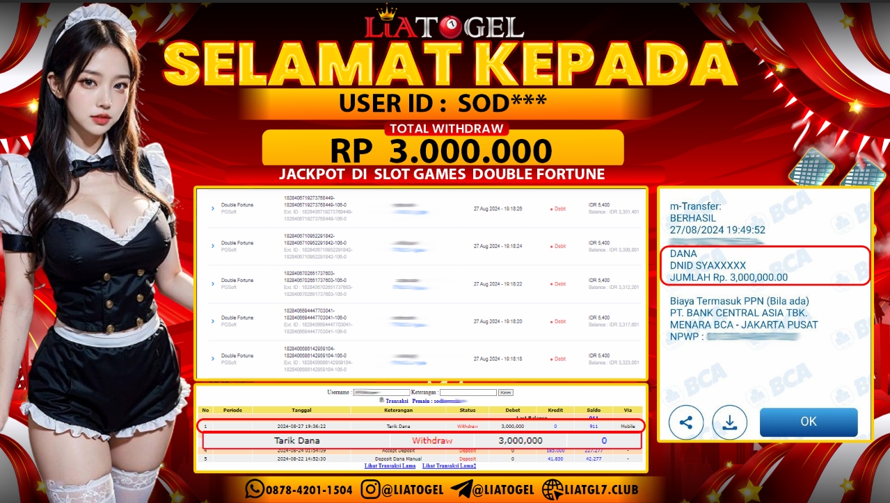 LIATOGEL - JACKPOT SLOT GAMES DOUBLE FORTUNE  RP  3.000.000,- LUNAS