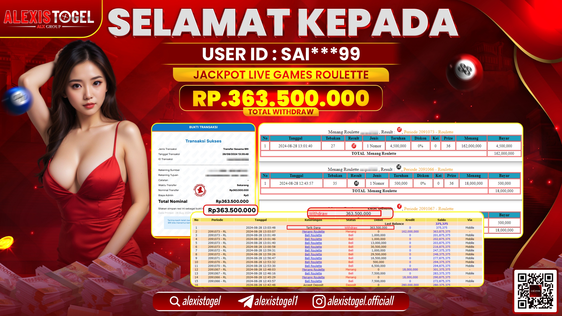 ALEXISTOGEL JACKPOT LIVE GAMES ROULETTE RP.363.500.000 LUNAS