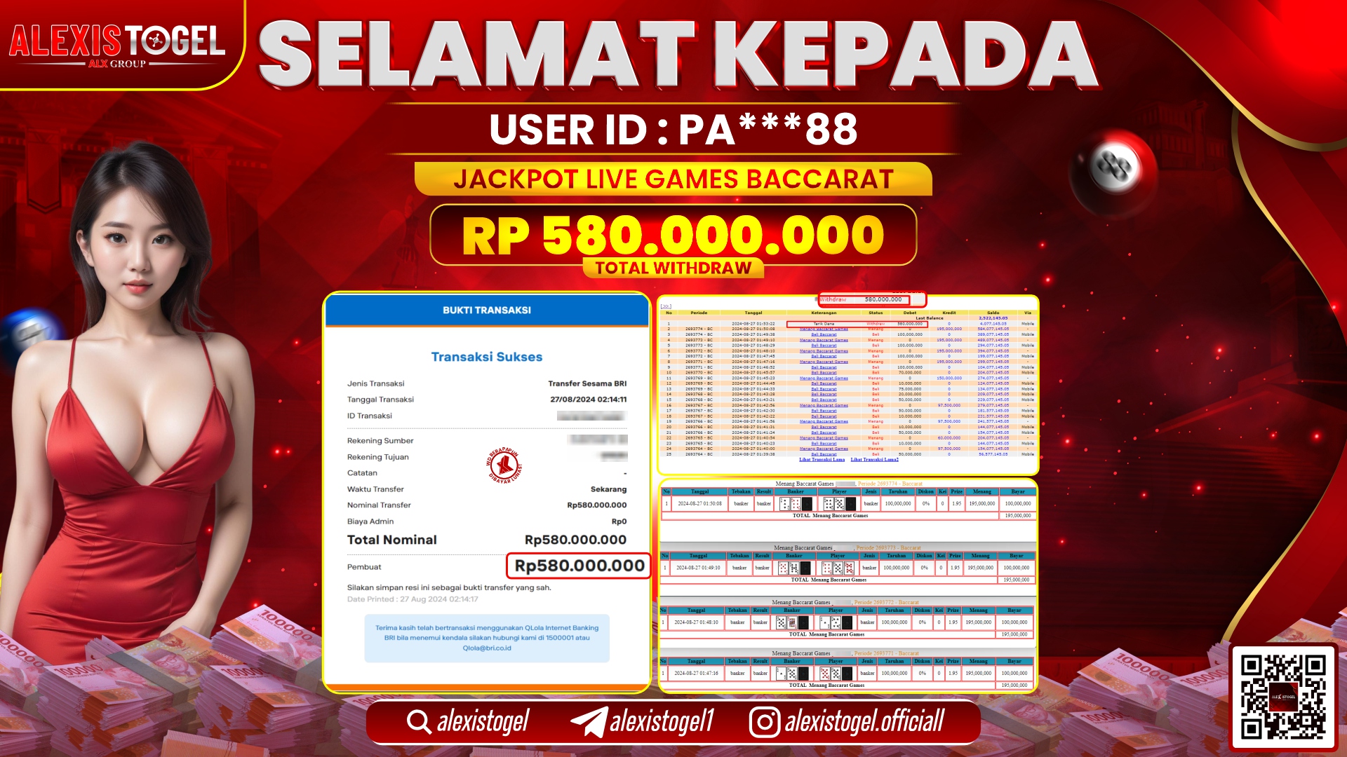 ALEXISTOGEL JACKPOT LIVE GAMES BACCARAT RP.580.000.000 LUNAS