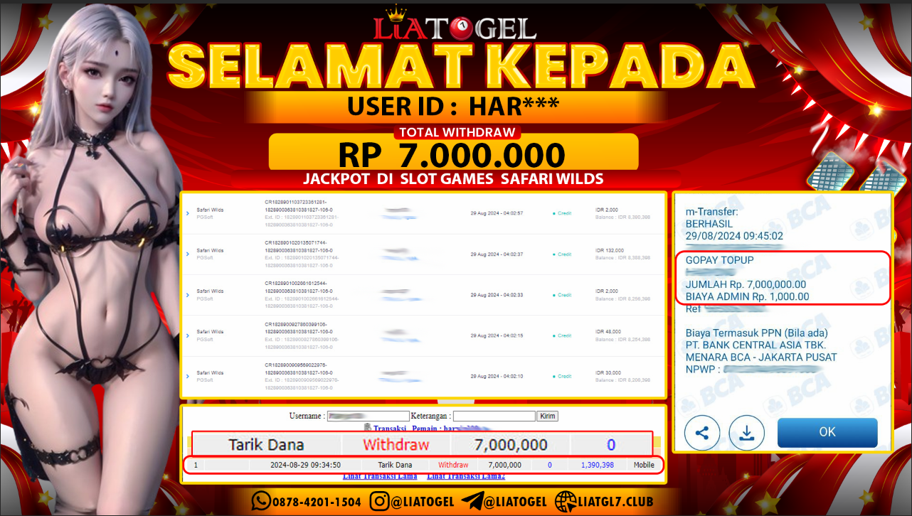 LIATOGEL - JACKPOT SLOT GAMES SAFARI WILDS  RP  7.000.000,- LUNAS