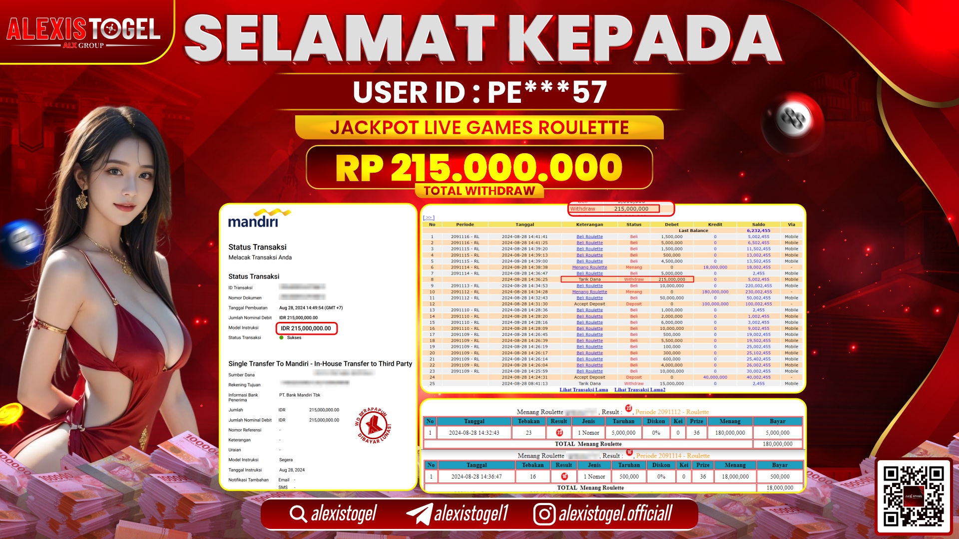 ALEXISTOGEL JACKPOT LIVE GAMES ROULETTE RP.215.000.000 LUNAS