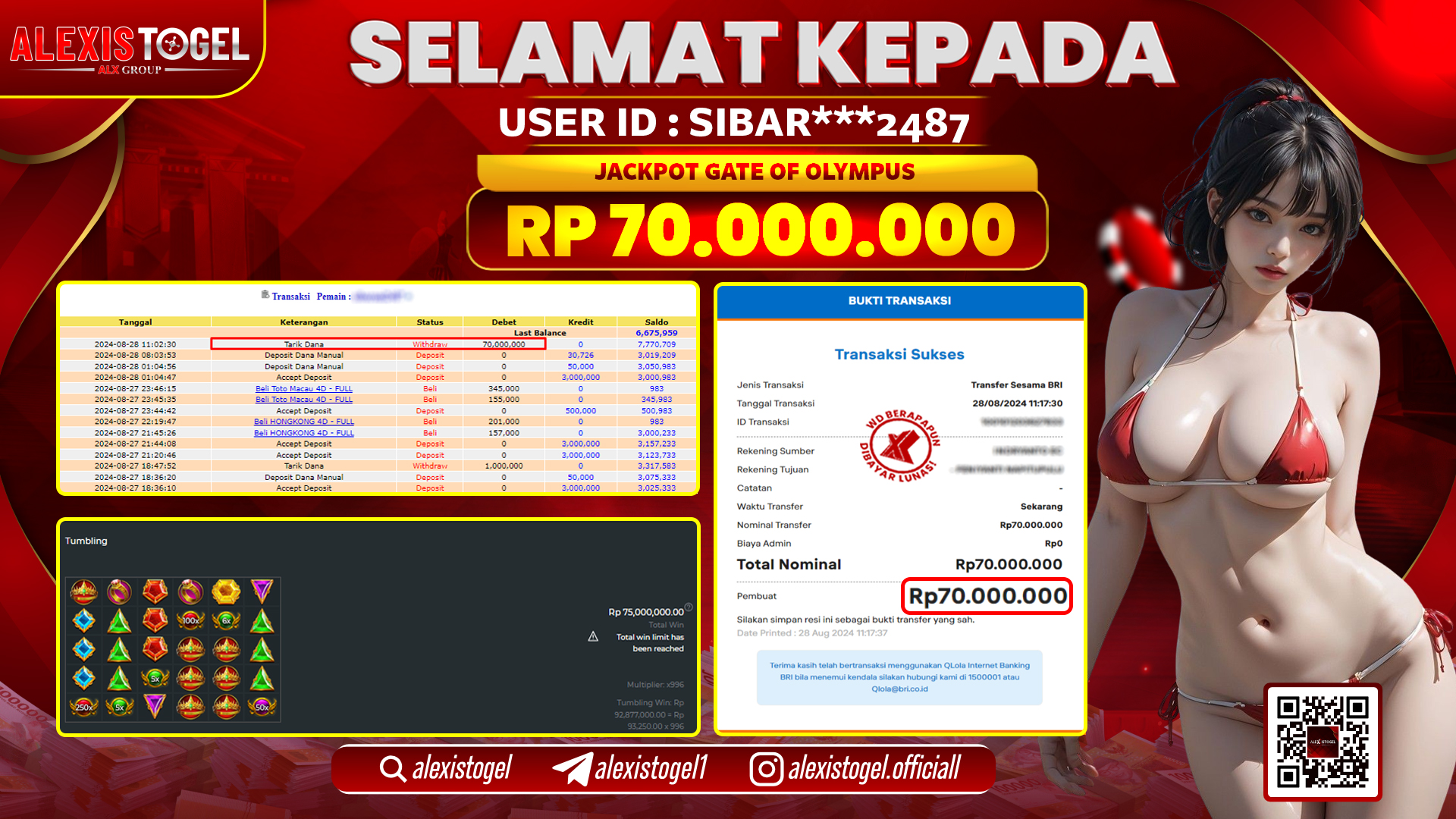 ALEXISTOGEL JACKPOT SLOT GATE OF OLYMPUS RP.70.000.000 LUNAS