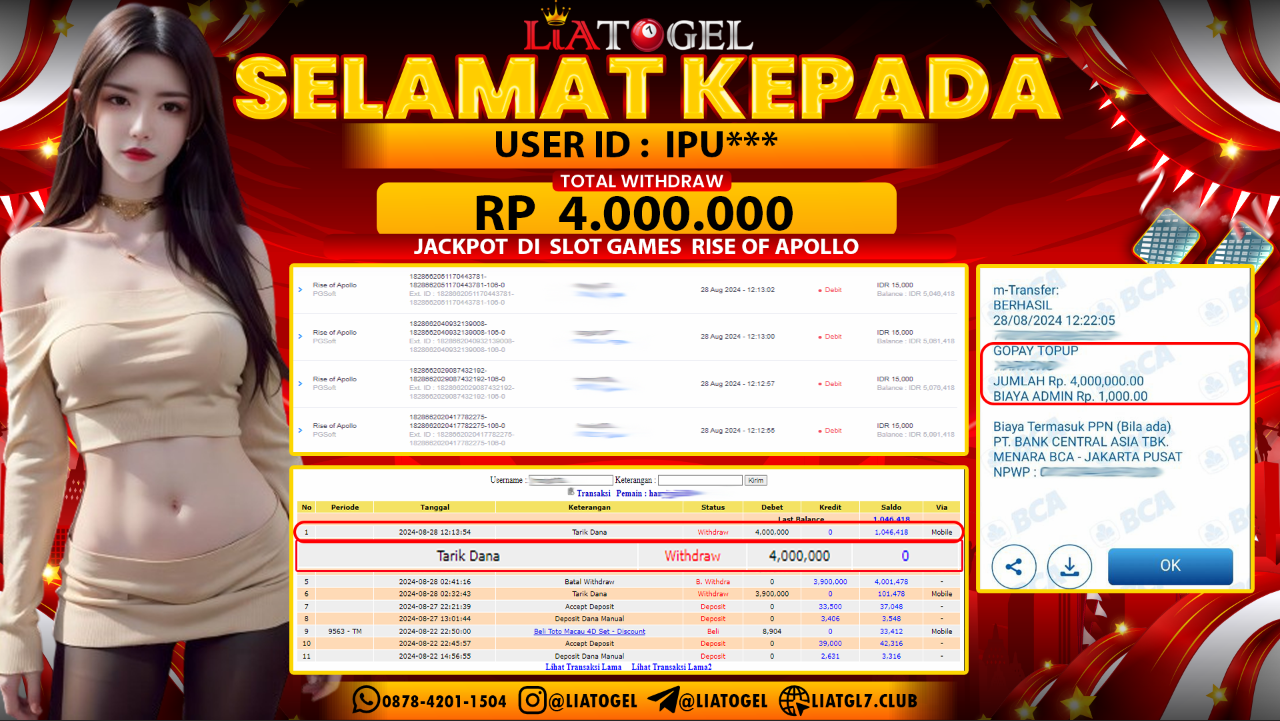 LIATOGEL - JACKPOT SLOT GAMES RISE OF APOLLO   RP  4.000.000,- LUNAS